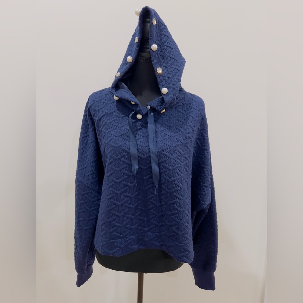 Simply Southern Quilted Navy Hoodie with Pearl Diamond Accents XL